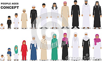 Family and social concept. Arab person generations at different ages. Muslim people father, mother, son, daughter, grandmother and Stock Photo