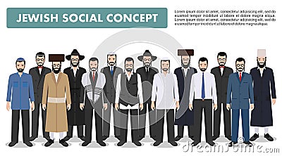 Family and social concept. Group adults jewish men standing together in different traditional clothes in flat style Vector Illustration