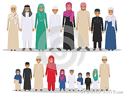 Family and social concept. Group muslim arabian children standing together in row in different traditional islamic Vector Illustration