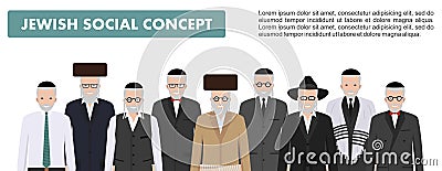 Family and social concept. Group senior jewish men standing together in different traditional clothes in flat style. Old Vector Illustration