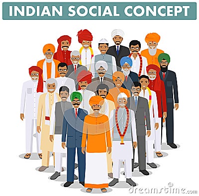 Family and social concept. Group young, adult and senior indian people standing together in different traditional Vector Illustration