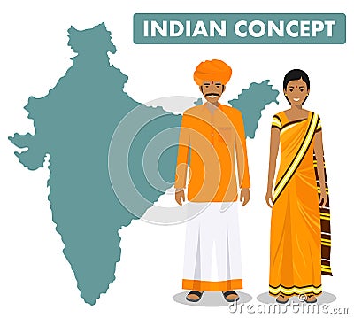 Family and social concept. Set of couple standing together indian man and woman in different traditional national Vector Illustration