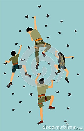 Family sport weekend action in adventure park vector illustration isolated. Mother, father and children climbing on rock wall. Vector Illustration