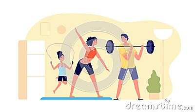Family sporting at home. Exercise training, sport workout indoor. Woman man kid active morning life, healthy mom father Vector Illustration