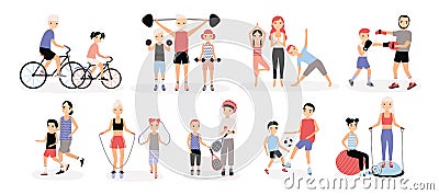 Family sports activity collection. Mothers and fathers with children set. Bosu, weightlifting, boxing, jumping rope Vector Illustration