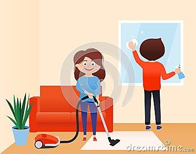 Family spring cleaning home, housework vector Vector Illustration