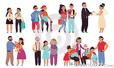 Family stages. Cartoon men play with children, steps of couple to marriage. Different generation characters, happy Vector Illustration