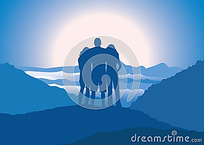 Family standing with arms around each other on top of the mountain, looking at beautiful landscape Vector Illustration