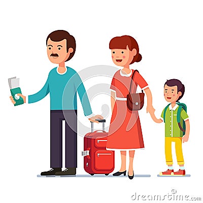 Family standing with boarding spinner wheeled bag Vector Illustration