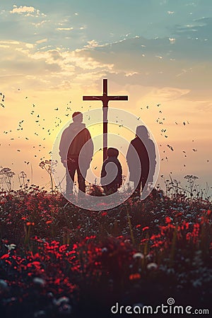 Family standing by a cross in a wildflower field at dawn. Stock Photo