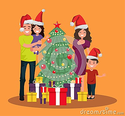 The family is standing near the Christmas tree with presents. Vector Illustration