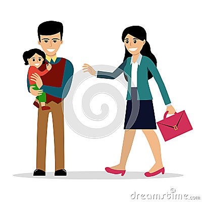 Family of stay-at-home dad and working mother Vector Illustration