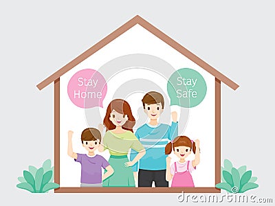 Family Stays Home, Stay Safe Fighting Against Coronavirus Disease, Covid-19, Self Isolation, Protection Themselves From Disease Vector Illustration