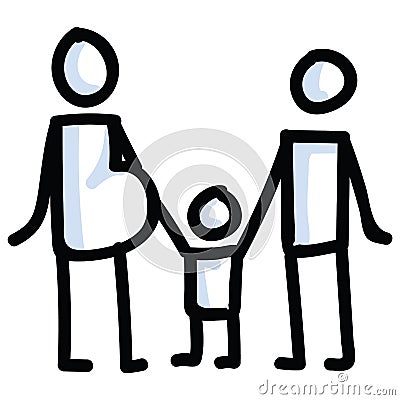 Family of Stick Figures Vector Illustration. Hand Drawn Isolated Pregnant Woman Icon Motif Element in Flat Color. For Vector Illustration