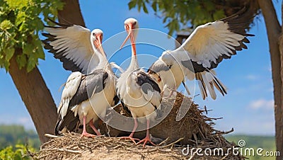 A family of storks sits in a nest in the summer and enjoys the sun and dances beautiful Stock Photo