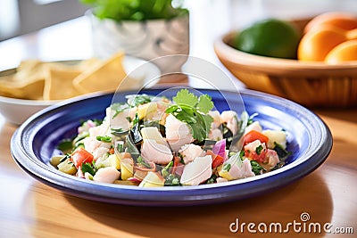 family-style serving of ceviche on a platter with tortilla chips Stock Photo