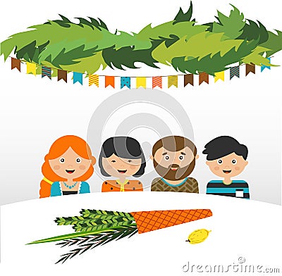 Family in the sukkah . sukkot Jewish holiday Vector Illustration