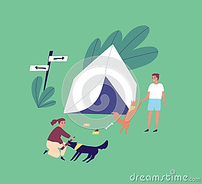 Family on summer outdoor camping vacation. Young couple playing with dogs near a tent. Man and woman relaxing on Vector Illustration