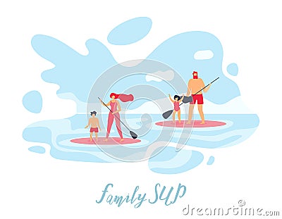 Family Standup Paddleboarding Flat Vector Banner Vector Illustration