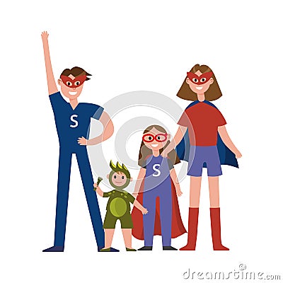 Family of superheroes cartoon characters, parents with their kids in costumes of superheroes having fun vector Vector Illustration