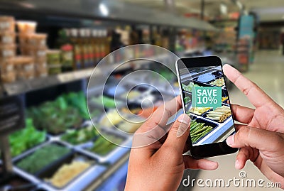 Family in the supermarket use Application of Augmented Reality S Stock Photo