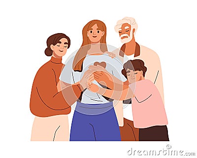 Family support, love, help concept. Happy senior parents, adult daughter and her son, portrait. Harmony in healthy Cartoon Illustration