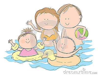 Family in Swimming Pool Vector Illustration