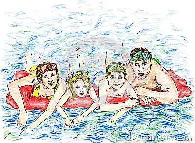 Family swimming together in pool on a sunny summer day Cartoon Illustration