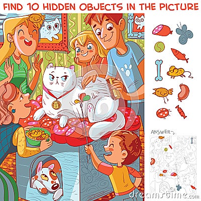 Family takes care of cat. Find 10 hidden objects Vector Illustration