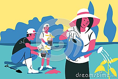 Family teamwork, gardening, planting, agriculture nature concept Vector Illustration