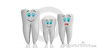 Family teeth health. Clean shiny tooth models, with emojis isolated on white background. 3d illustration Cartoon Illustration