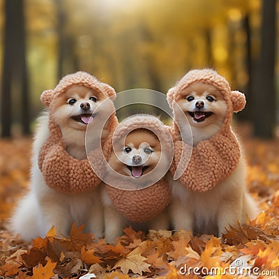 three fluffy ginger cute spitz dogs dressed in knitted hats scarves sitting in an autumn park walking on fallen ai generated Stock Photo