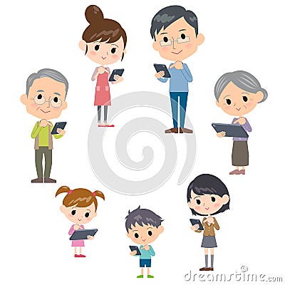 Family three generations internet communication smartphone table Vector Illustration