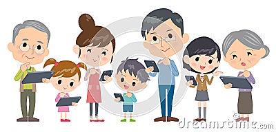 Family three generations internet communication smartphone table Vector Illustration