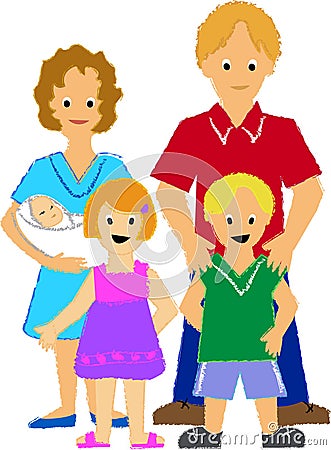 Family with Three Kids/ai Cartoon Illustration