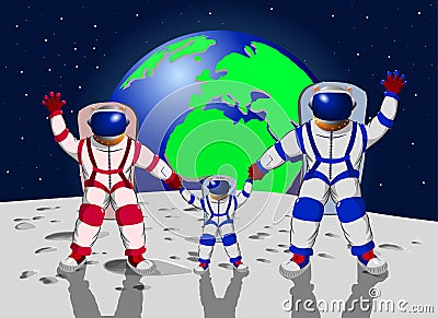Family of three people in space suits against the background of planet earth Vector Illustration