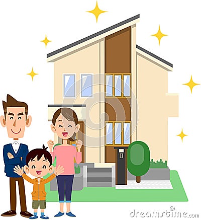 A family of three smiling in front of a new house Vector Illustration