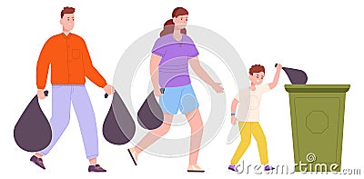 Family throwing trash together. House cleaning. Household work Vector Illustration