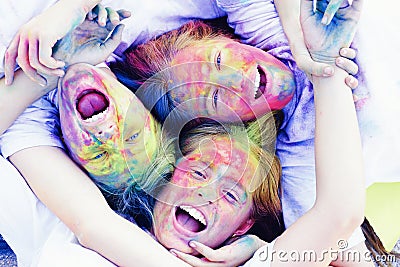 Family time. children with creative body art. Crazy hipster girls. Summer weather. colorful neon paint makeup. positive Stock Photo