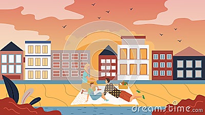 Family Time Concept. People Have A Picnic On The Cityscape Background. Father Mother And Son Have Fun, Communicate Vector Illustration