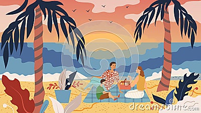 Family Time Concept. People Have A Picnic On The Coast. Father Mother And Son Have Fun, Eat, Enjoy the Sunset On the Vector Illustration