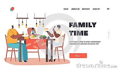Family Time Landing Page Template. Happy African Father, Mother and Baby Having Dinner Sitting Table with Food Vector Illustration