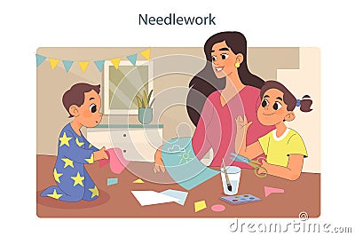 Family time. Mother and kids crafting together. Mother accompanies Vector Illustration