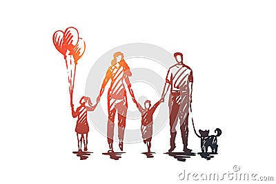 Family time, mother, kids, happy, father concept. Hand drawn isolated vector. Vector Illustration