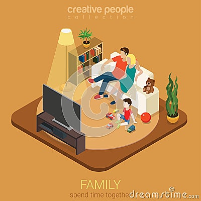 Family time parenting flat 3d isometric: living room watching TV Vector Illustration