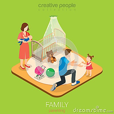 Family time parenting flat vector 3d dad room daughter mom son Vector Illustration