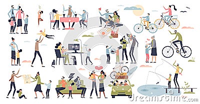 Family time set with quality parenting and bonding tiny person collection Vector Illustration