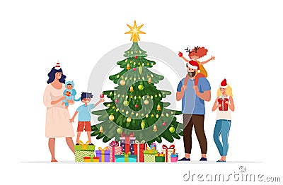 Family together at home for christmas. Happy family greets New Year with children and a decorated Christmas tree. Flat cartoon Cartoon Illustration