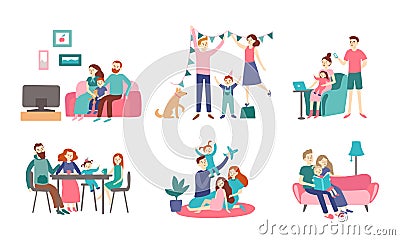 Family together at home. Young couple spend time with kids, read book and decorating house. Homeliness vector flat Vector Illustration
