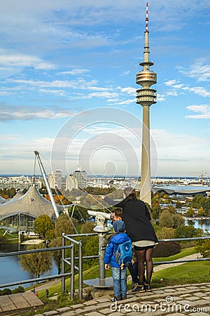 Family of tourists admiring the sights of Olympiapark Editorial Stock Photo